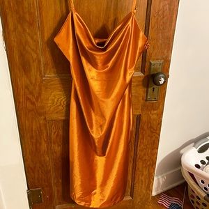Burnt orange/rust cowl neck satin dress